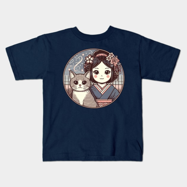 Japanese cat with Retro Anime Kids T-Shirt by Japanese Fever